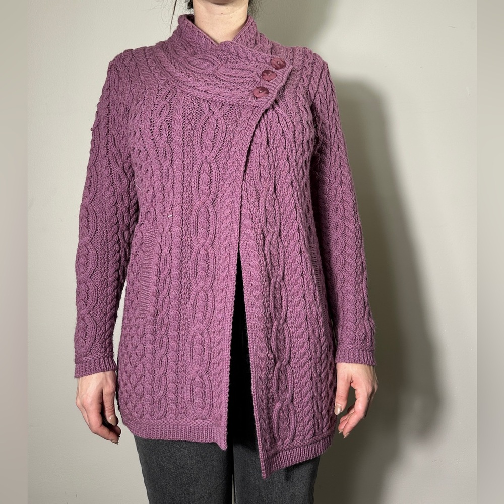 Aran Crafts 100% Merino Wool Purple Bohemian Zip Front Cardigan Size XS